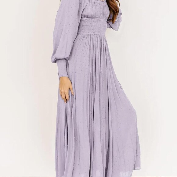 Women's Puff Long Sleeve Maxi Dress Square Neck Elastic Empire Waist Swiss Dots - Picture 2 of 6